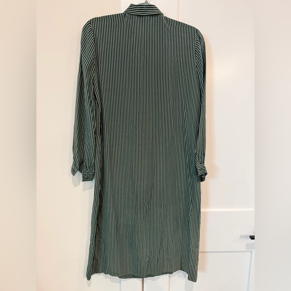 LANVIN Vintage Silk Dark Green Striped Long Sleeve Button Front Dress Size 10 - Picture 12 of 15